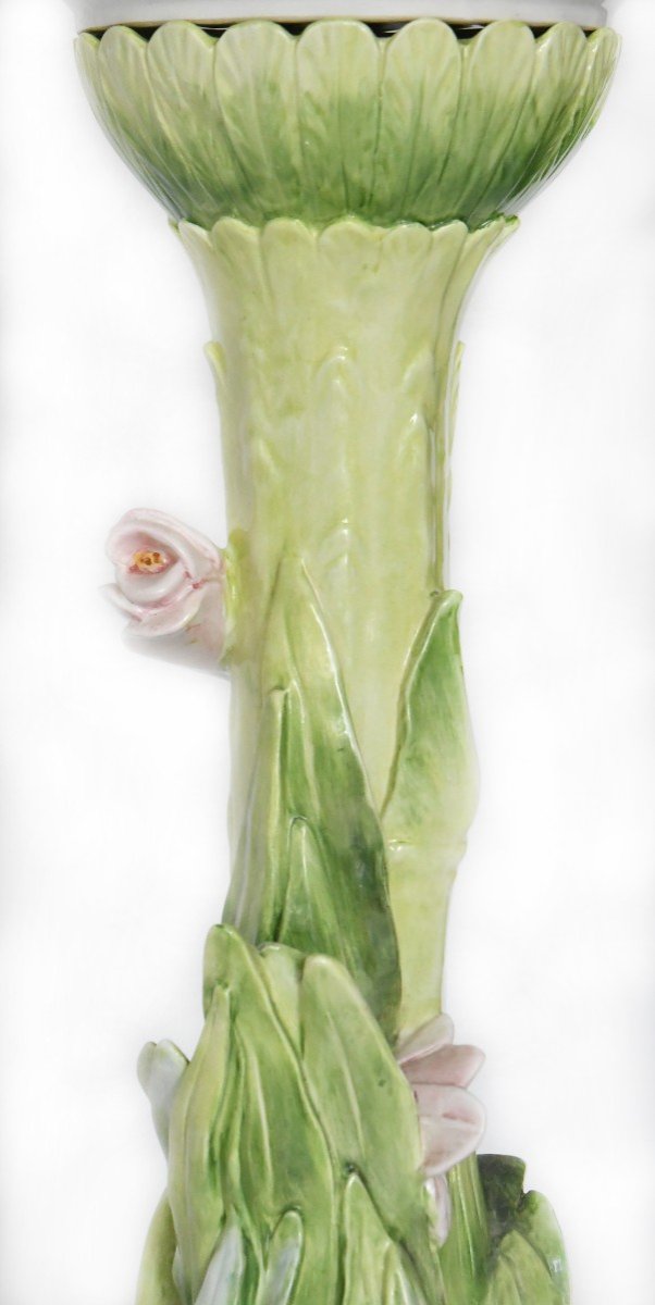 Vase On Its Column In Polychrome Ceramic With Floral Decoration-photo-4