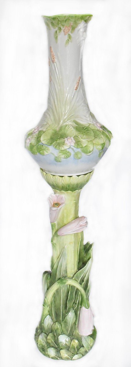 Vase On Its Column In Polychrome Ceramic With Floral Decoration