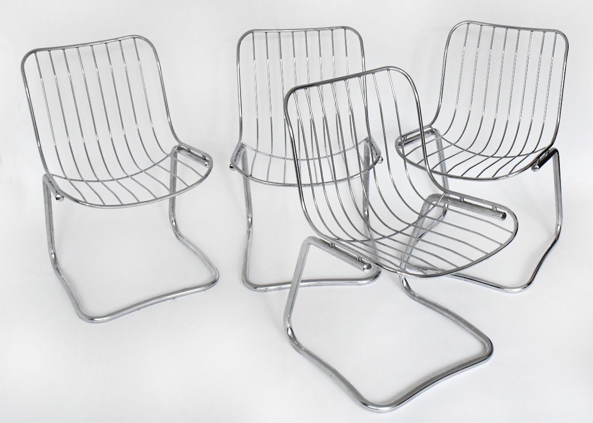 Set Of 4 Chrome Metal Chairs In The Style Of Gastone Rinaldi From The 1970s-photo-3