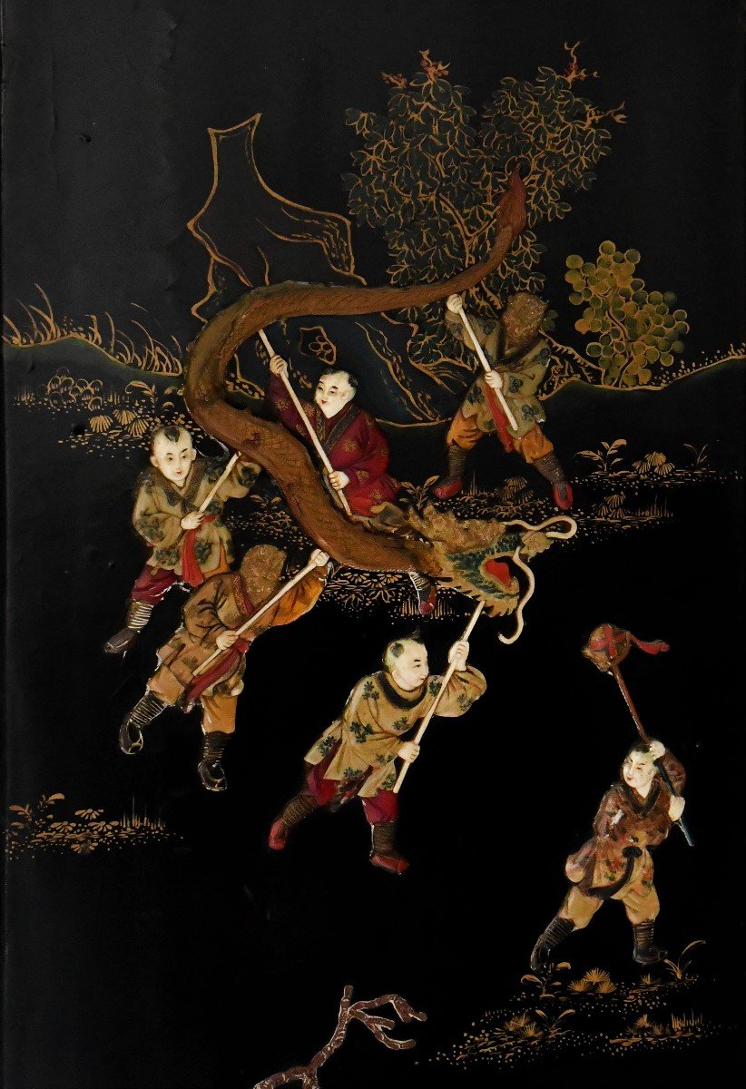 Chinese Four-leaf Screen In Lacquered Wood With Hard Stone Marquetry Decoration -photo-3