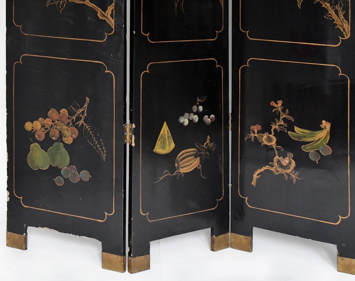 Chinese Four-leaf Screen In Lacquered Wood With Hard Stone Marquetry Decoration -photo-6