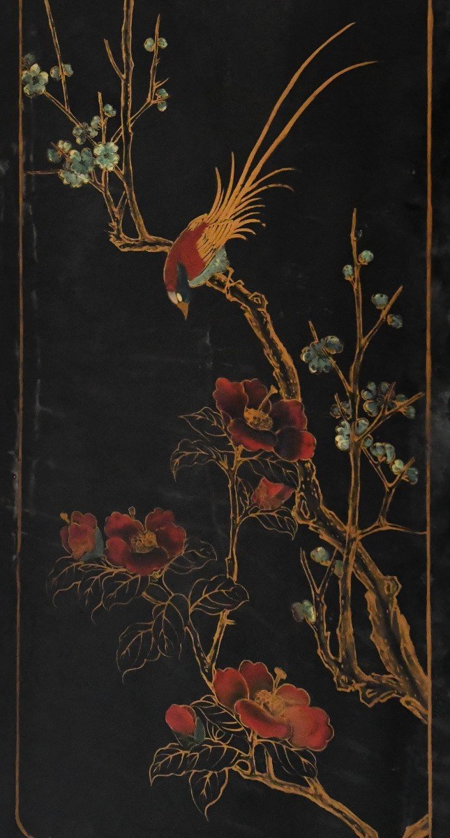 Chinese Four-leaf Screen In Lacquered Wood With Hard Stone Marquetry Decoration -photo-7