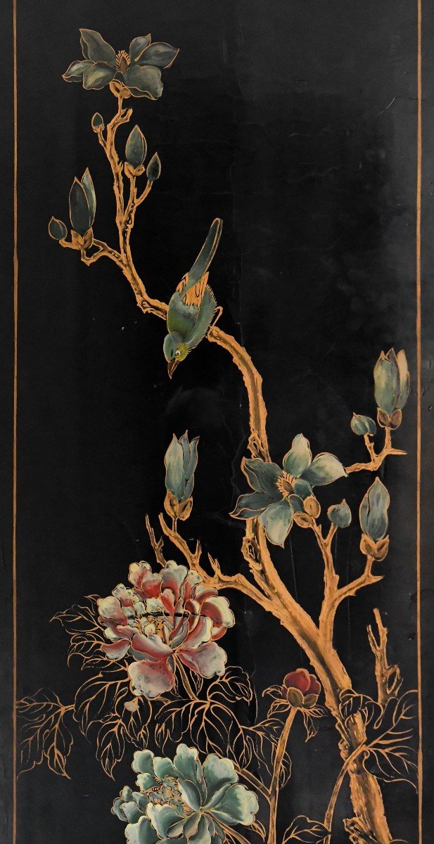 Chinese Four-leaf Screen In Lacquered Wood With Hard Stone Marquetry Decoration -photo-8