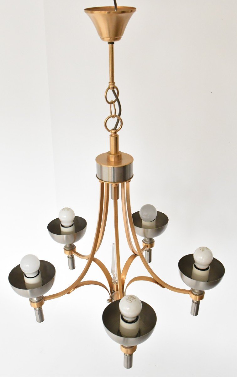 Vintage Five-light Gold And Silver Metal Chandelier-photo-4