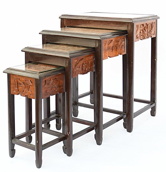 4 Wooden Nesting Tables Richly Carved With Chinese Scene Motifs-photo-3