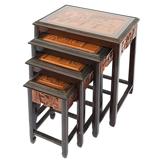 4 Wooden Nesting Tables Richly Carved With Chinese Scene Motifs