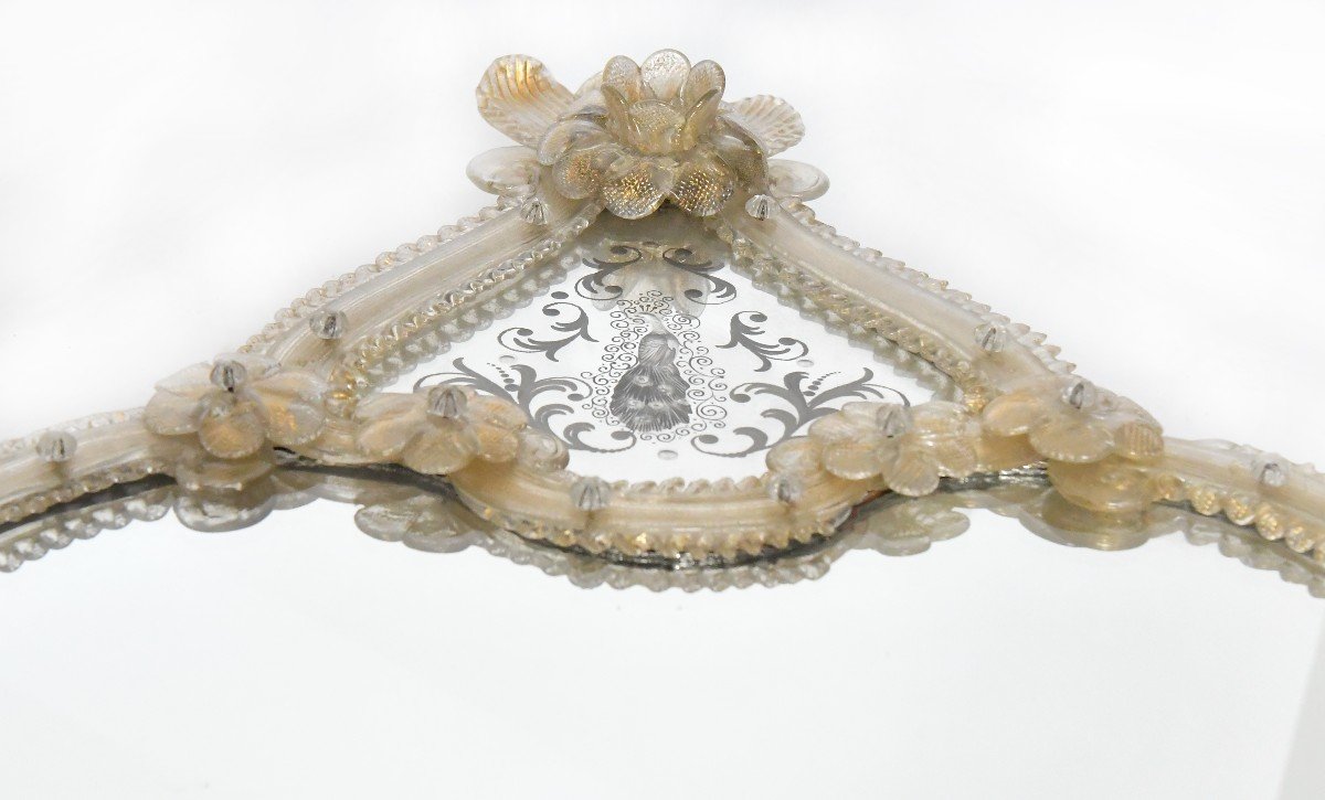 Venetian Murano Glass Mirror With Engraved Peacock Decoration On The Pediment-photo-2