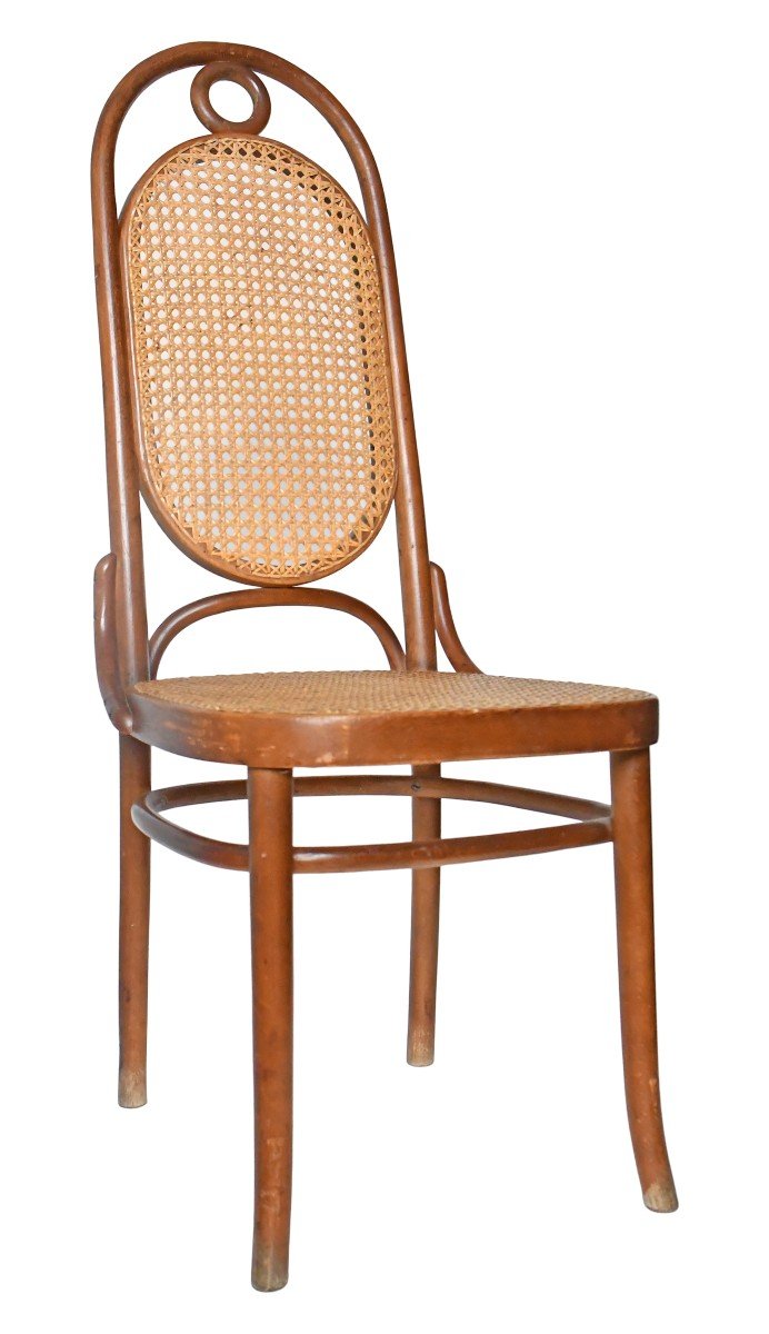 Set Of 6 Thonet Style Chairs Model Number 17 "long John" In Curved Wood And Cane -photo-2