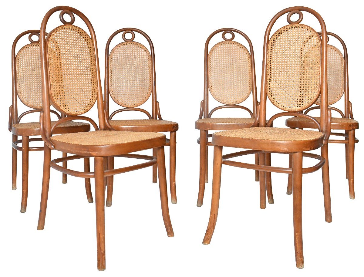 Set Of 6 Thonet Style Chairs Model Number 17 "long John" In Curved Wood And Cane 