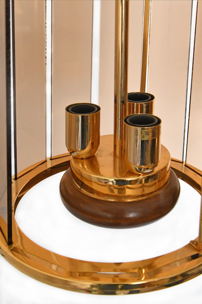 Pair Of Lanterns From The 1980s In Gilded Brass, Wood And Smoked Glass Plates-photo-1