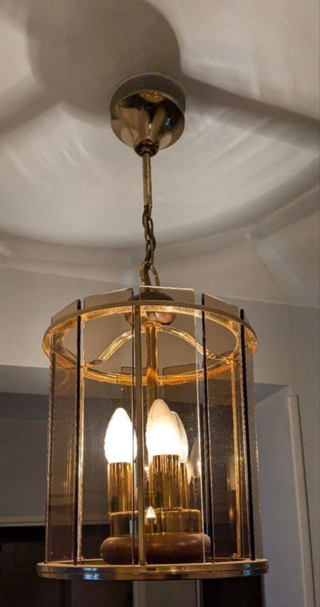 Pair Of Lanterns From The 1980s In Gilded Brass, Wood And Smoked Glass Plates-photo-2