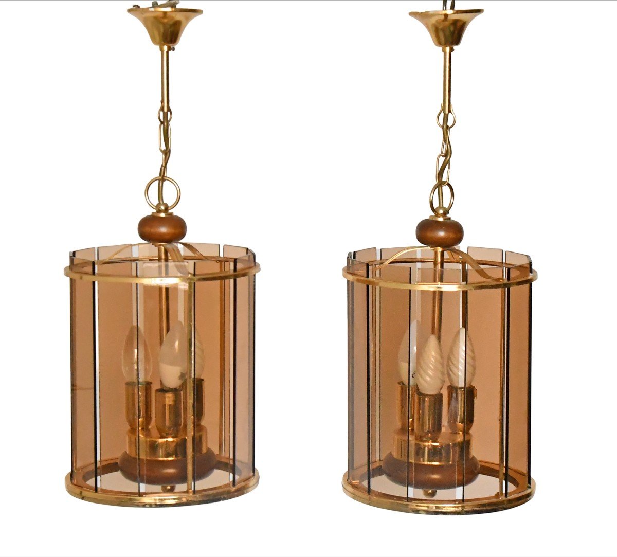 Pair Of Lanterns From The 1980s In Gilded Brass, Wood And Smoked Glass Plates