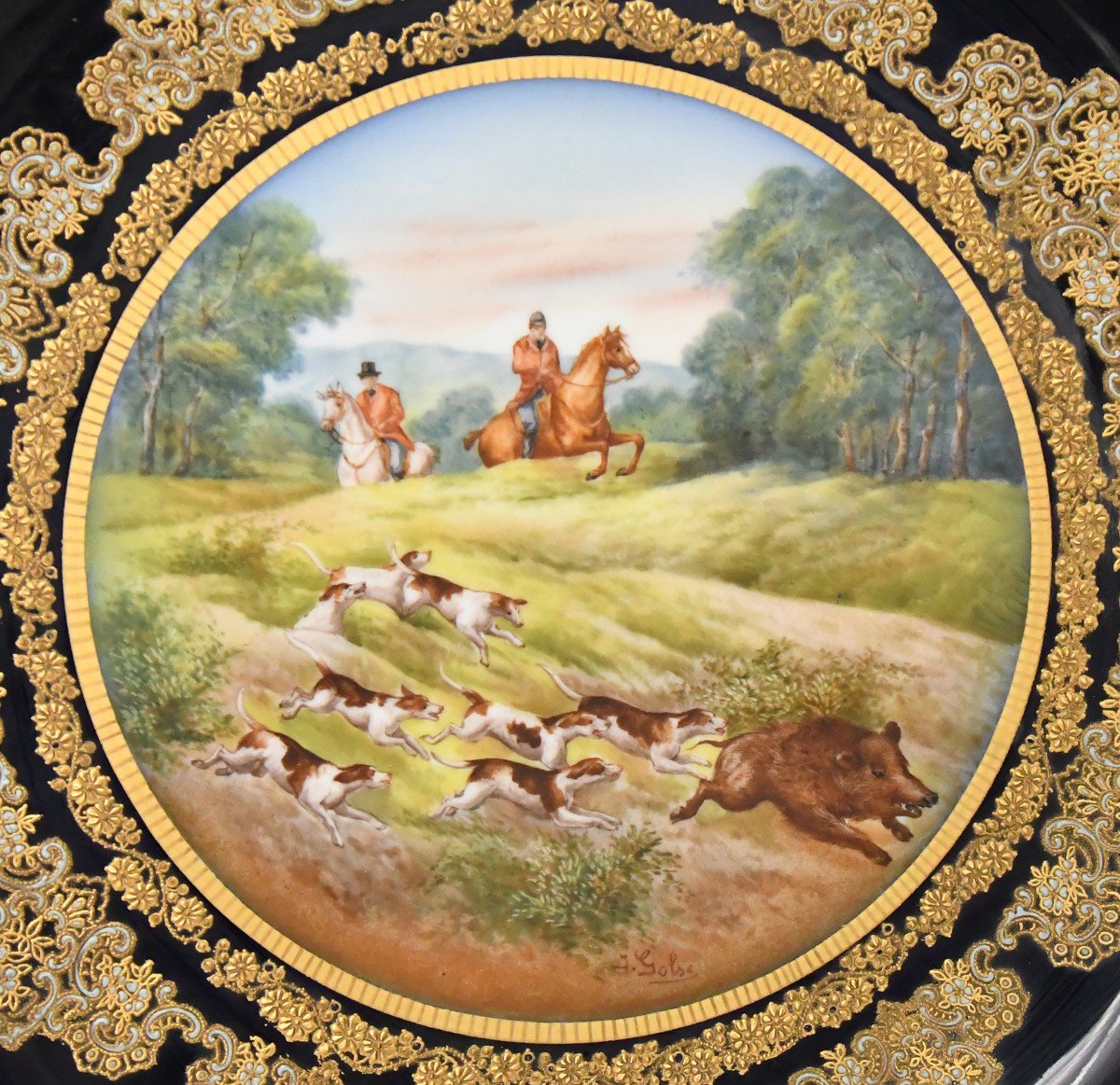 Pair Of Limoges Porcelain Dishes Decorated With Hunting Scenes Painted By Abel Golse -photo-2