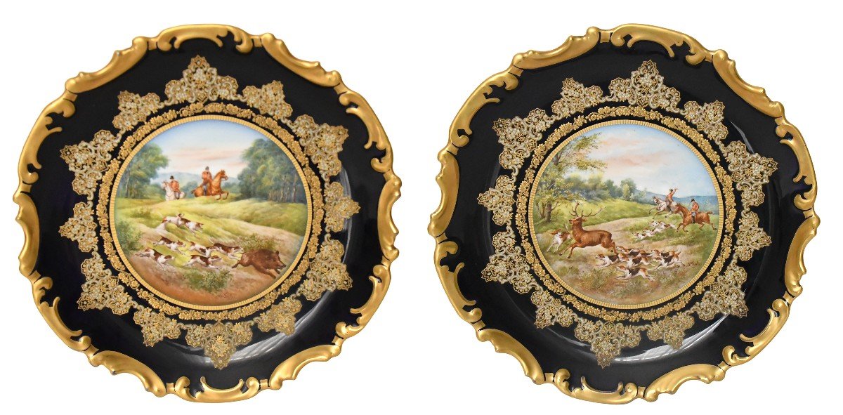 Pair Of Limoges Porcelain Dishes Decorated With Hunting Scenes Painted By Abel Golse 