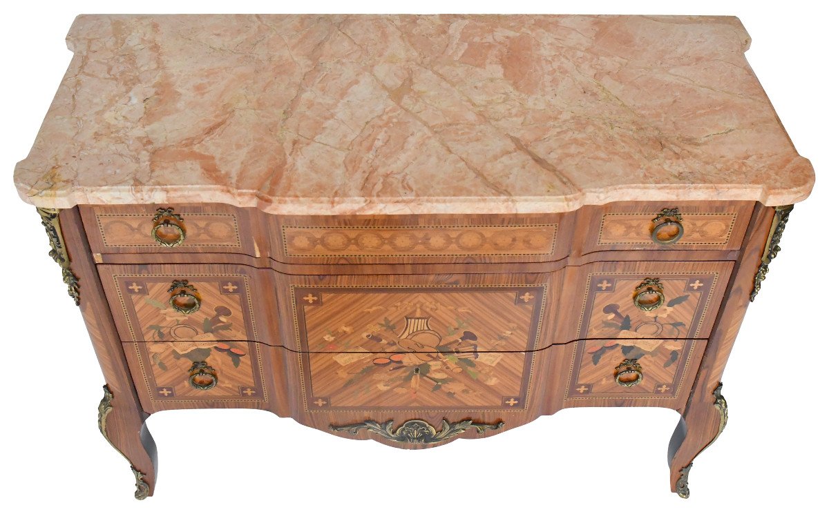 Transition Style Chest Of Drawers In Marquetry With Trophy Decoration Of Musical Instruments-photo-2