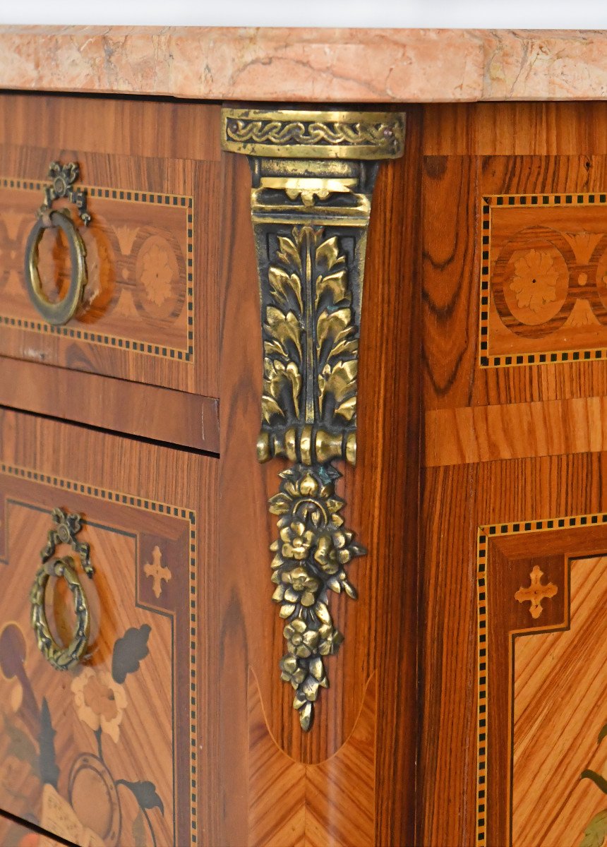 Transition Style Chest Of Drawers In Marquetry With Trophy Decoration Of Musical Instruments-photo-5