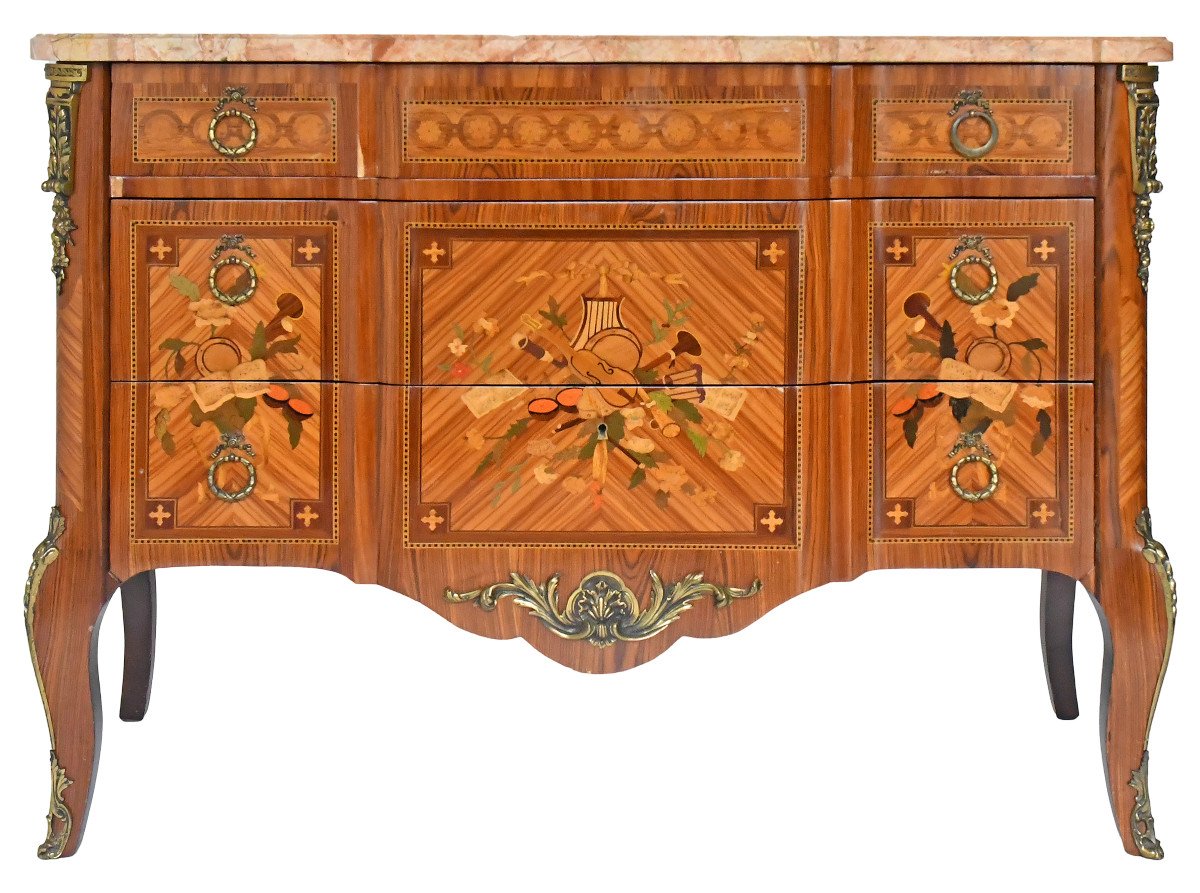 Transition Style Chest Of Drawers In Marquetry With Trophy Decoration Of Musical Instruments