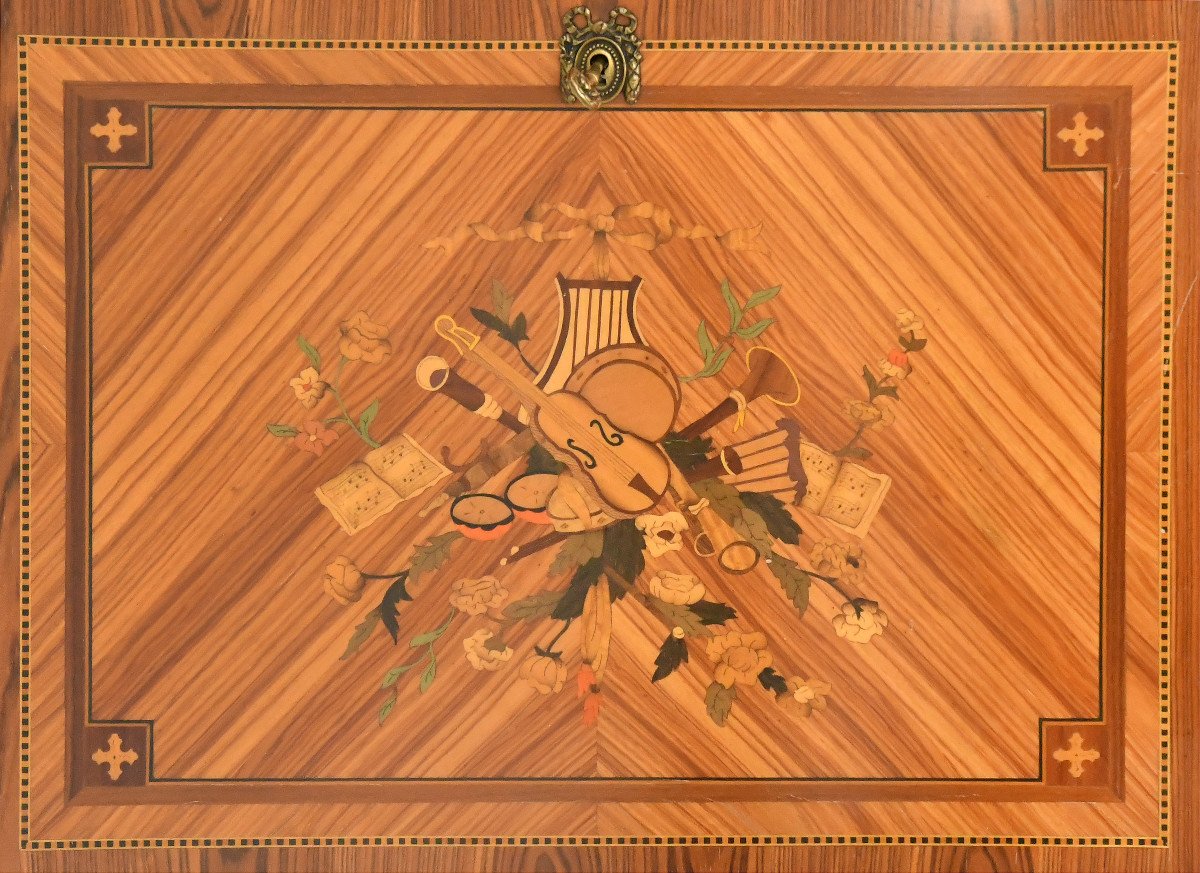 Transition Style Secretary In Marquetry With Trophy Decoration Of Musical Instruments-photo-3