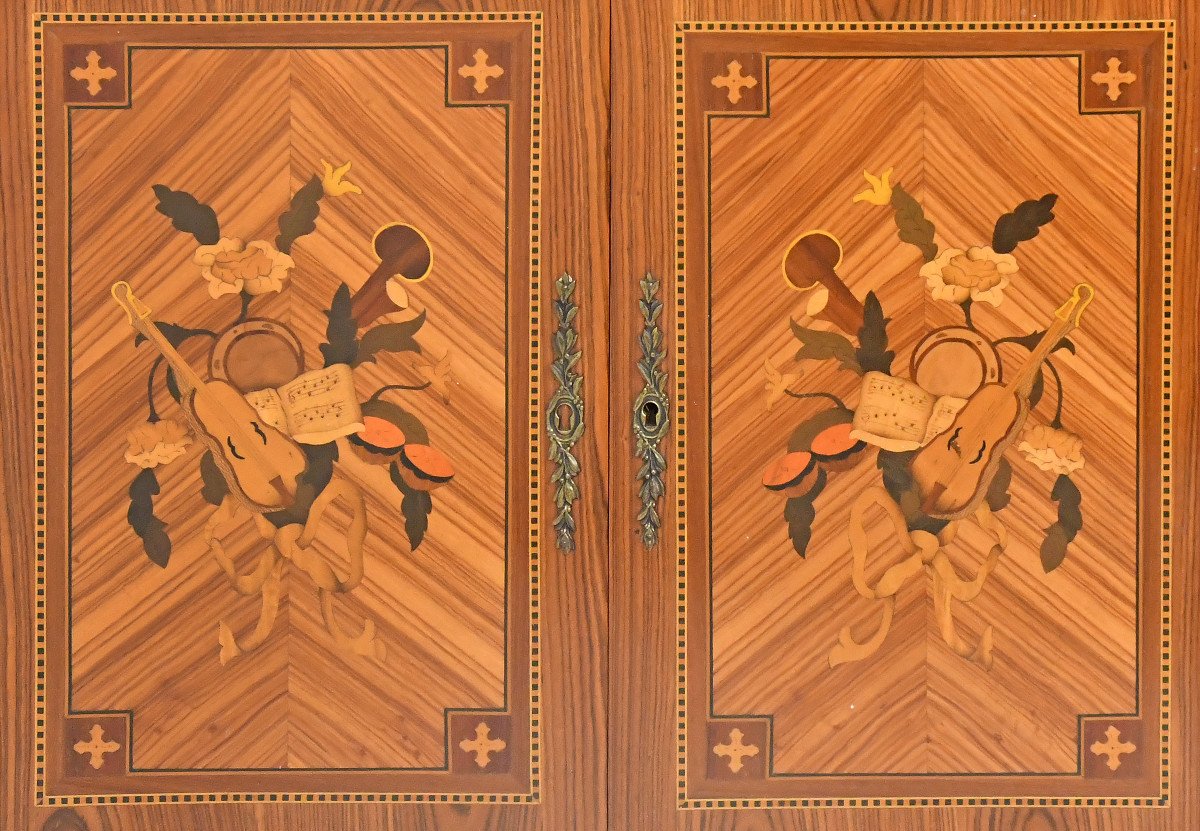 Transition Style Secretary In Marquetry With Trophy Decoration Of Musical Instruments-photo-4