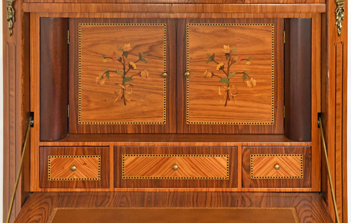 Transition Style Secretary In Marquetry With Trophy Decoration Of Musical Instruments-photo-3