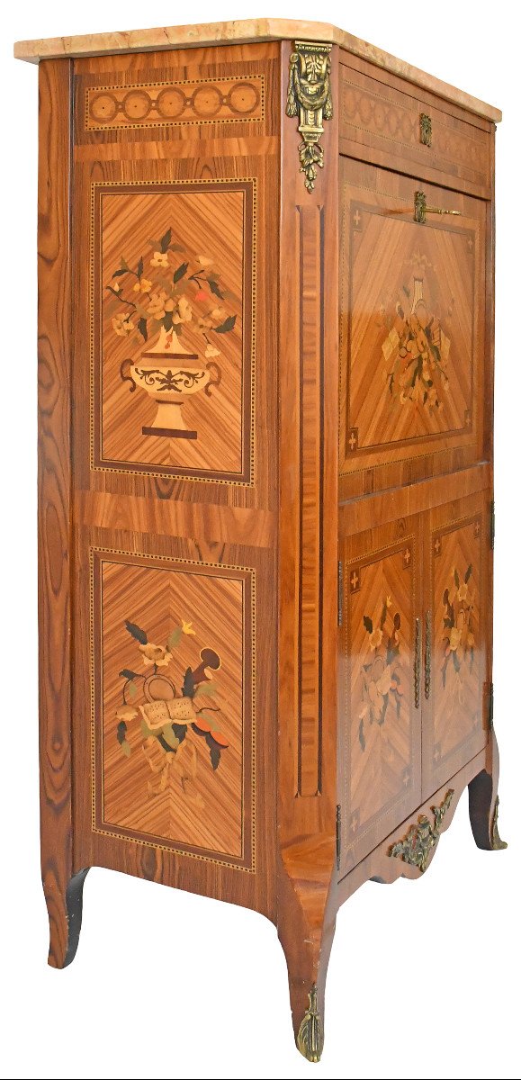 Transition Style Secretary In Marquetry With Trophy Decoration Of Musical Instruments-photo-7