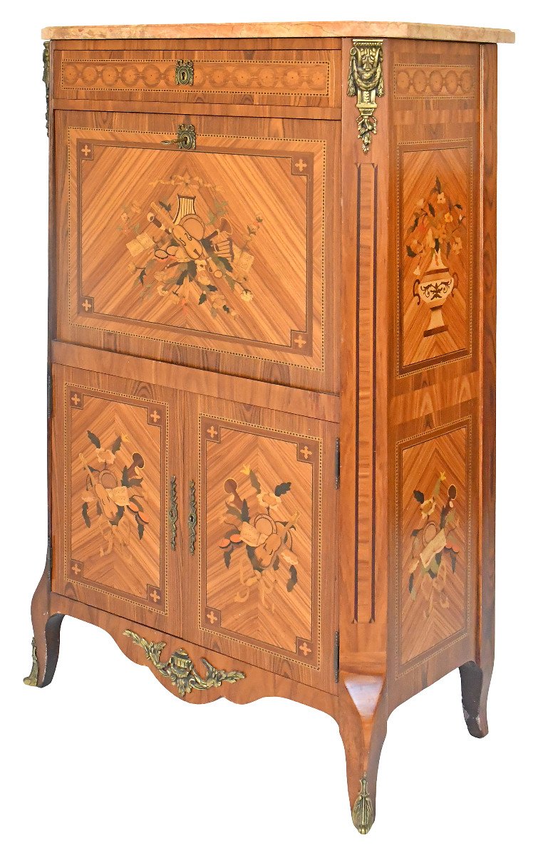 Transition Style Secretary In Marquetry With Trophy Decoration Of Musical Instruments