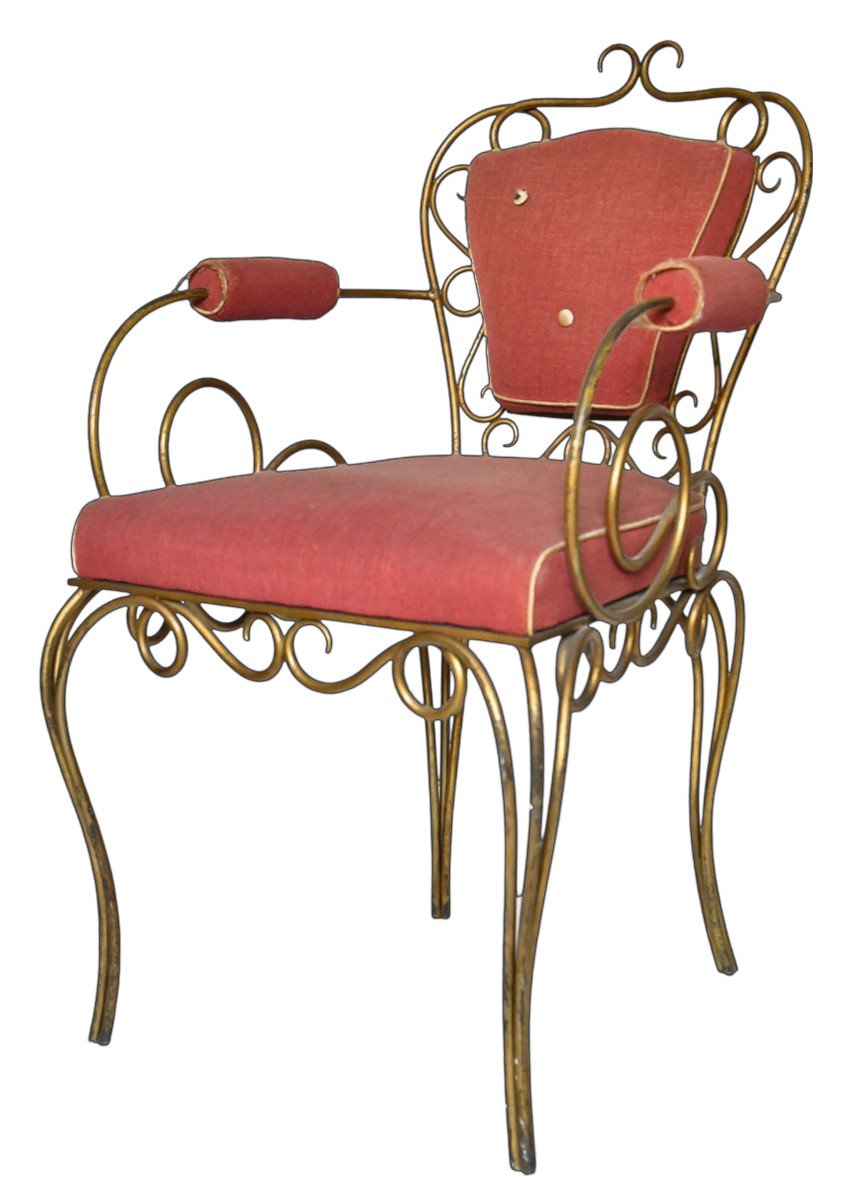 4 Gilded Wrought Iron Chairs Attributed To René Drouet (1899 - 1993)-photo-2