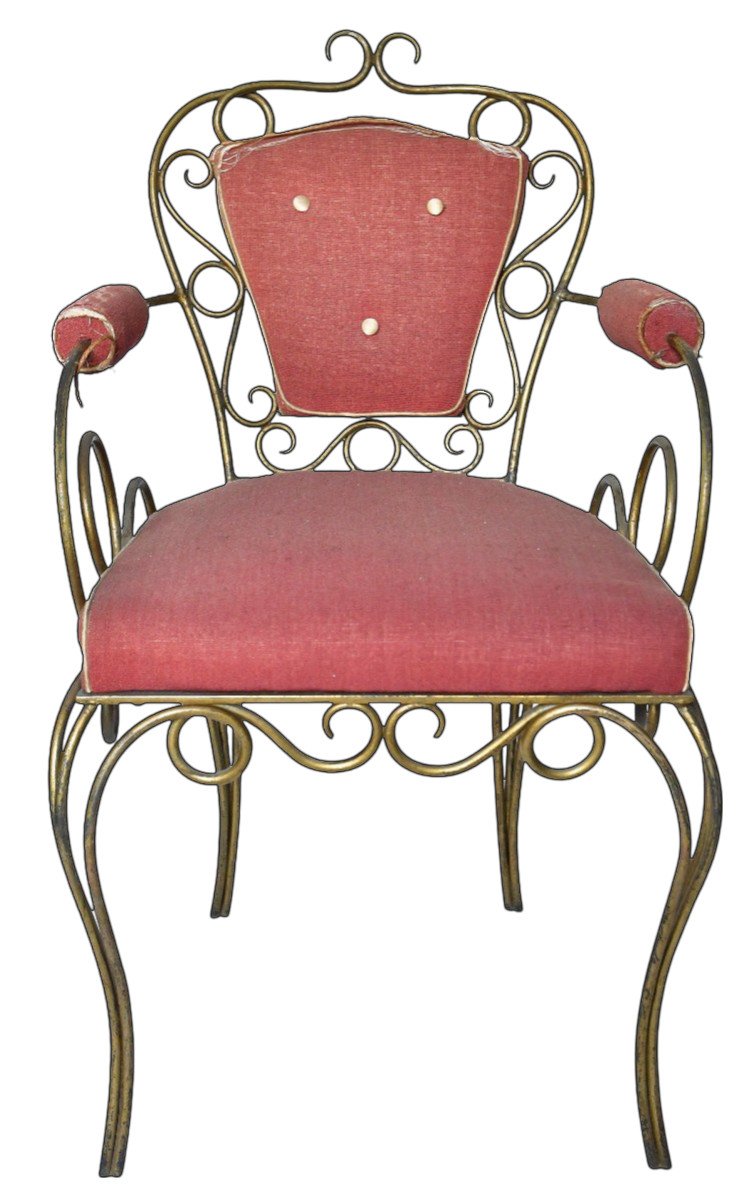 4 Gilded Wrought Iron Chairs Attributed To René Drouet (1899 - 1993)-photo-3