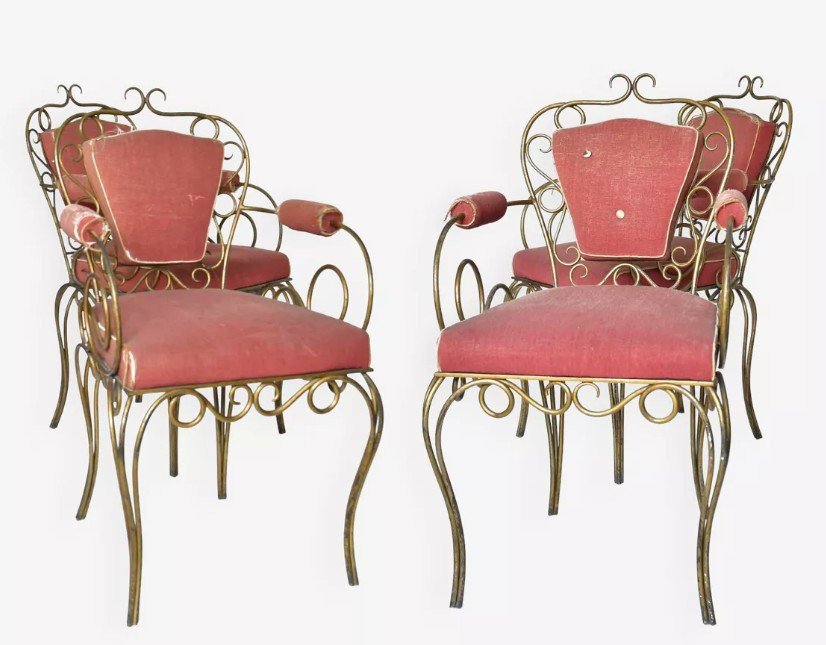 4 Gilded Wrought Iron Chairs Attributed To René Drouet (1899 - 1993)