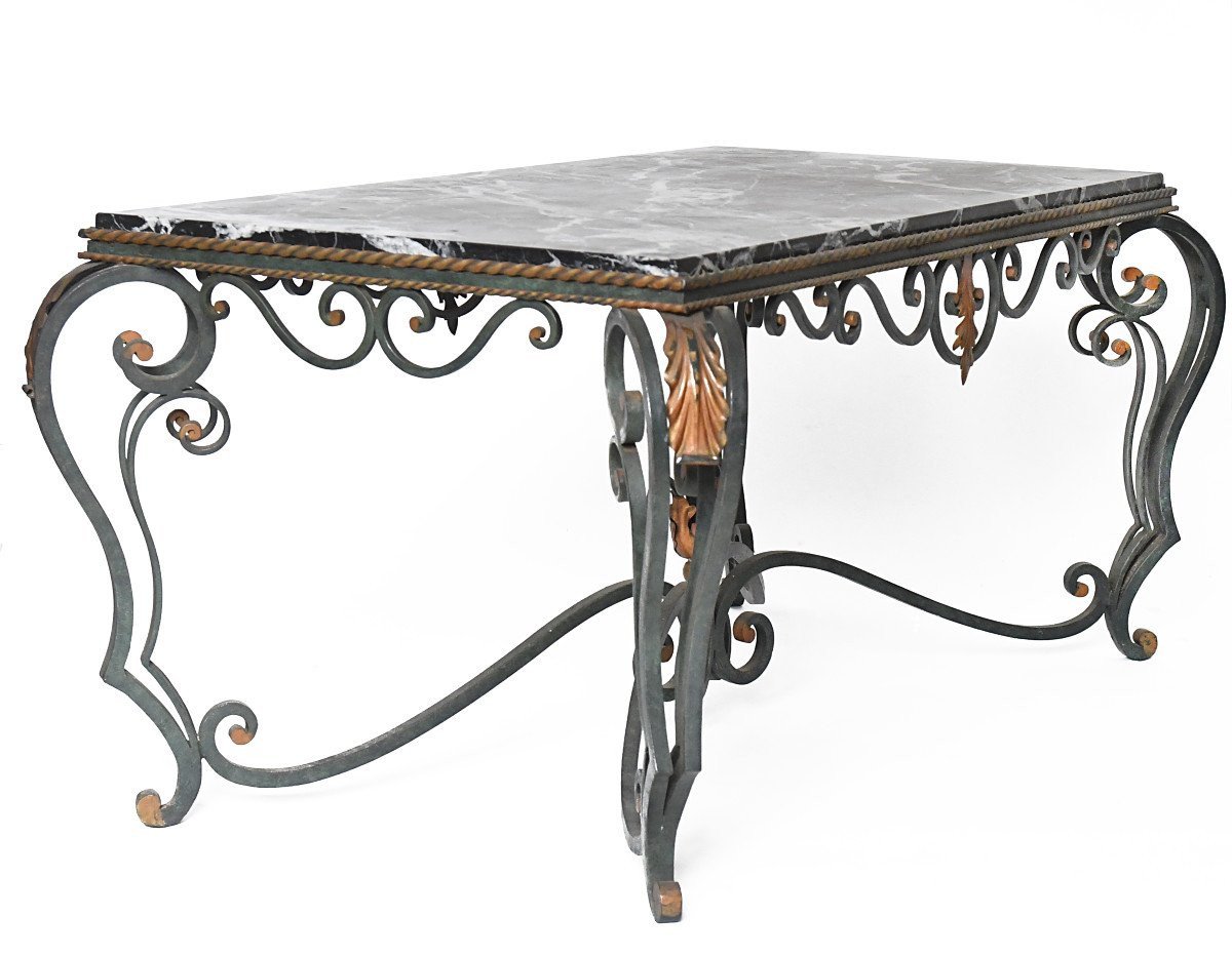 Louis XV Style Wrought Iron Coffee Table With Marble Top-photo-3