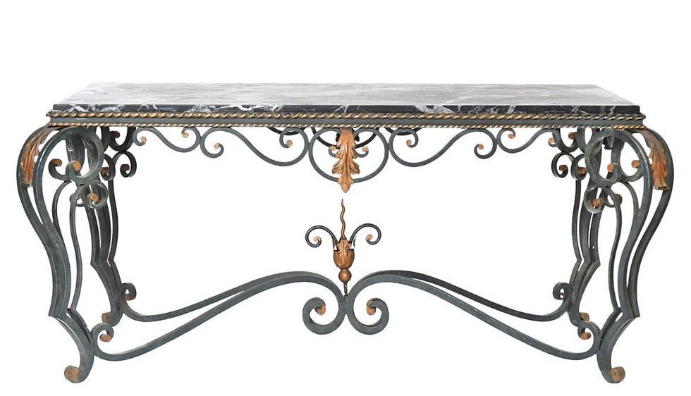 Louis XV Style Wrought Iron Coffee Table With Marble Top