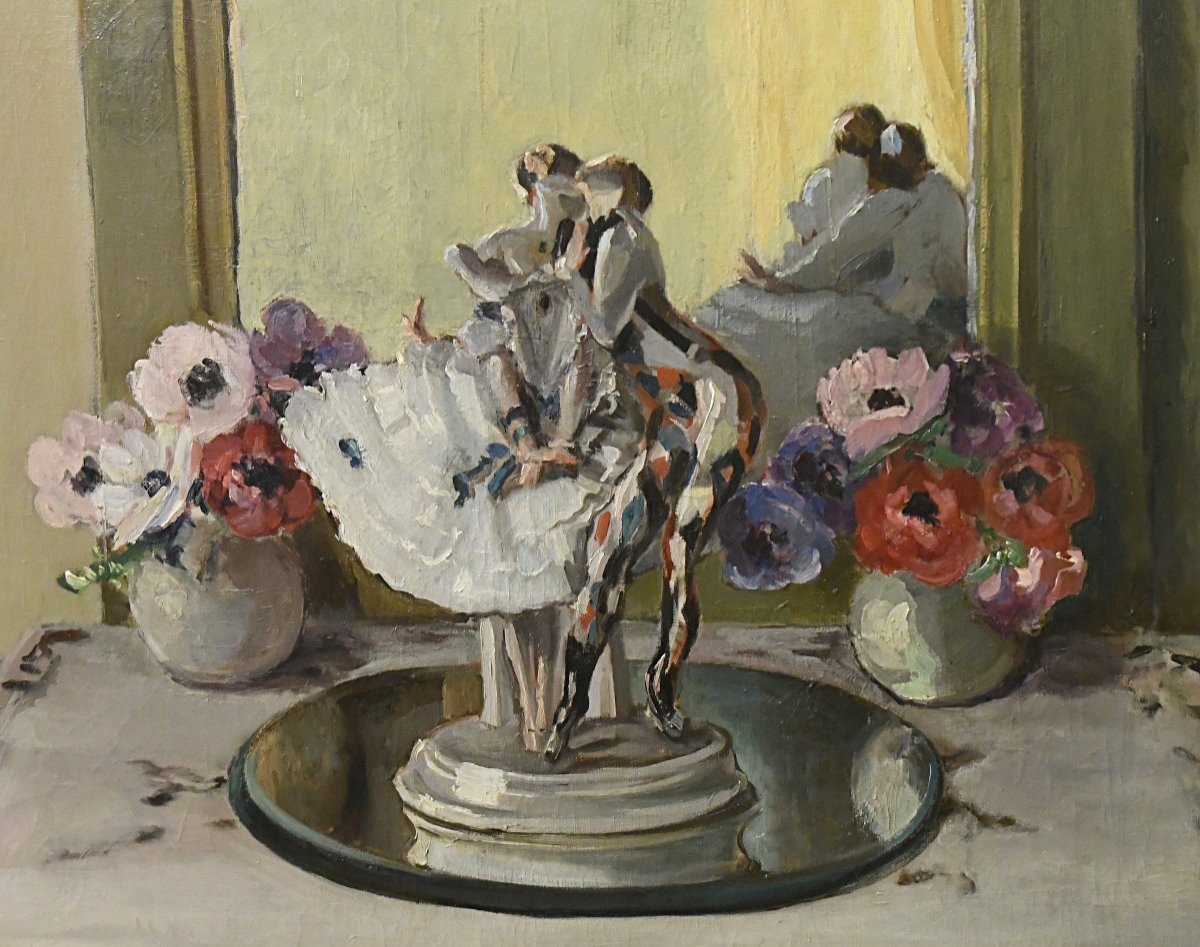 Marie BERTON-MAIRE (1894-1975) Huile sur toile Scène d'Intérieur avec groupe porcelaine Meissen-photo-2