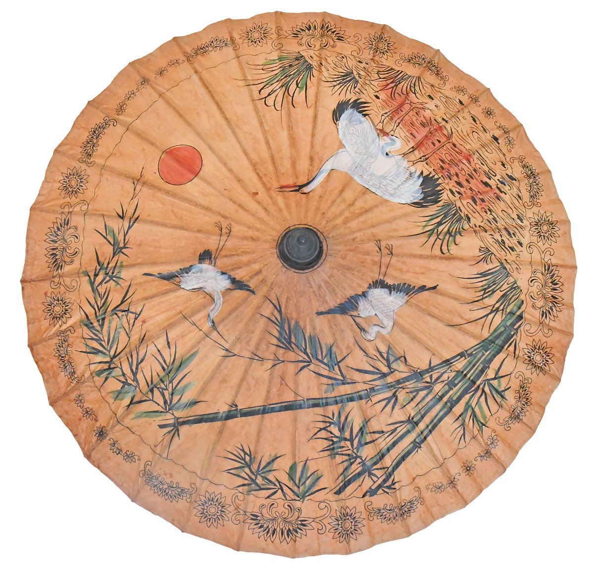 Vintage Japanese Umbrella Called Wagasa In Bamboo And Rice Paper With Painted Crane Decoration-photo-2