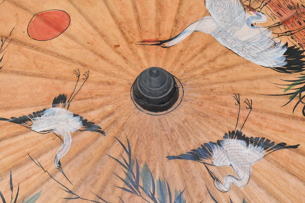 Vintage Japanese Umbrella Called Wagasa In Bamboo And Rice Paper With Painted Crane Decoration-photo-4