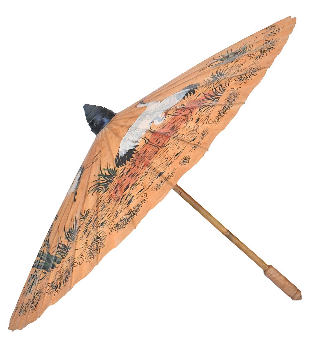 Vintage Japanese Umbrella Called Wagasa In Bamboo And Rice Paper With Painted Crane Decoration-photo-1