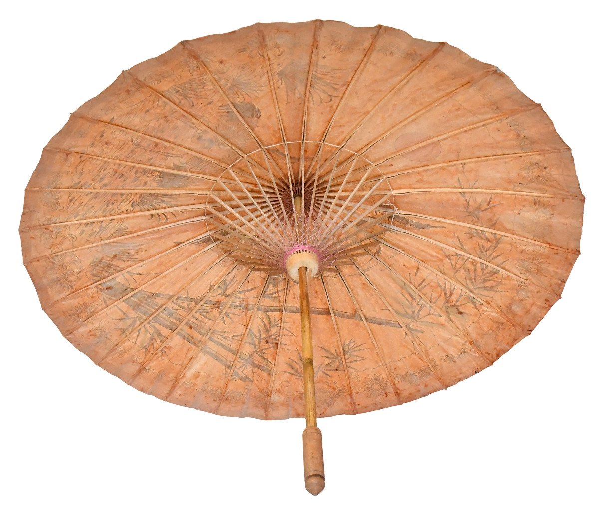 Vintage Japanese Umbrella Called Wagasa In Bamboo And Rice Paper With Painted Crane Decoration-photo-2