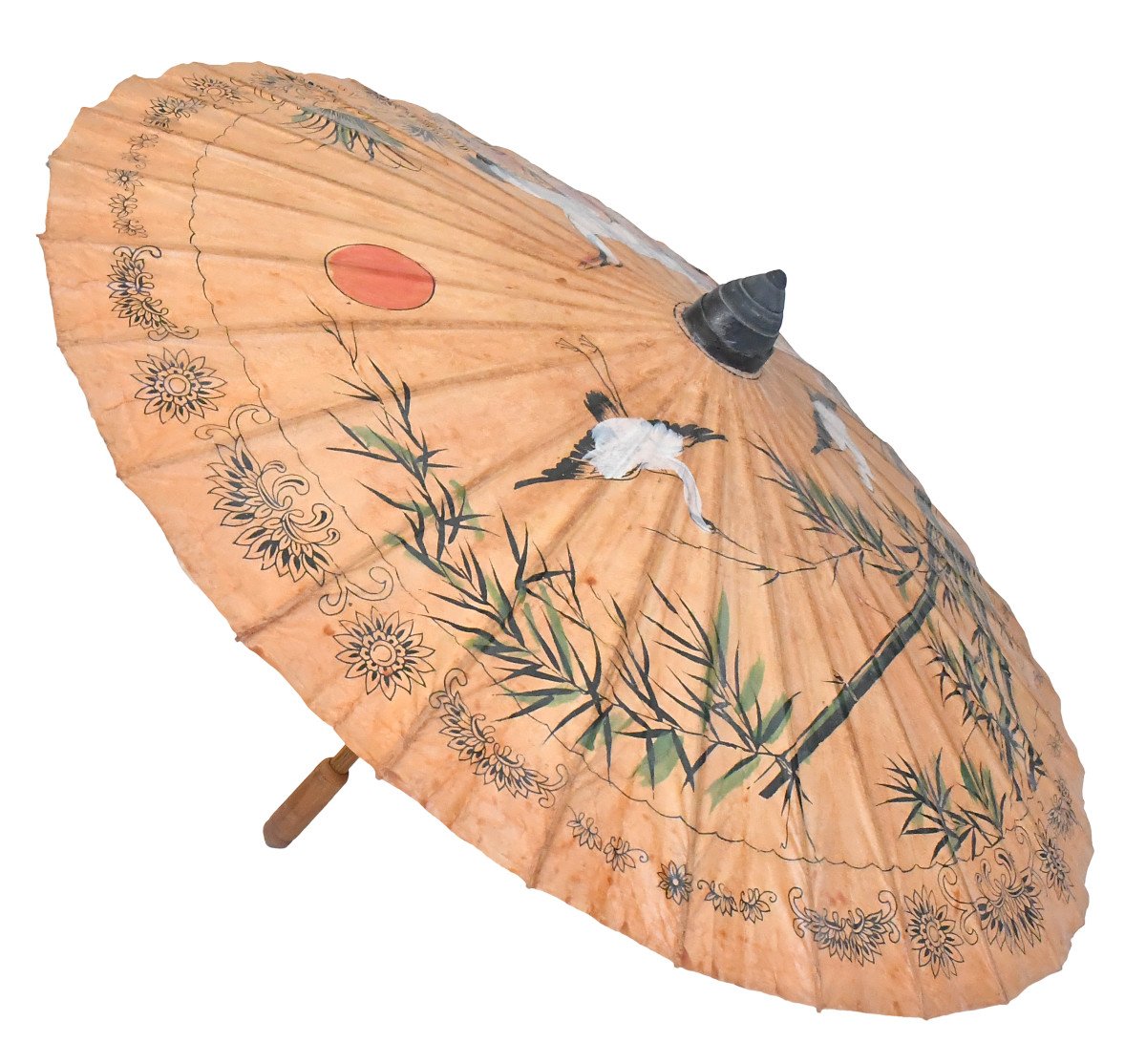 Vintage Japanese Umbrella Called Wagasa In Bamboo And Rice Paper With Painted Crane Decoration