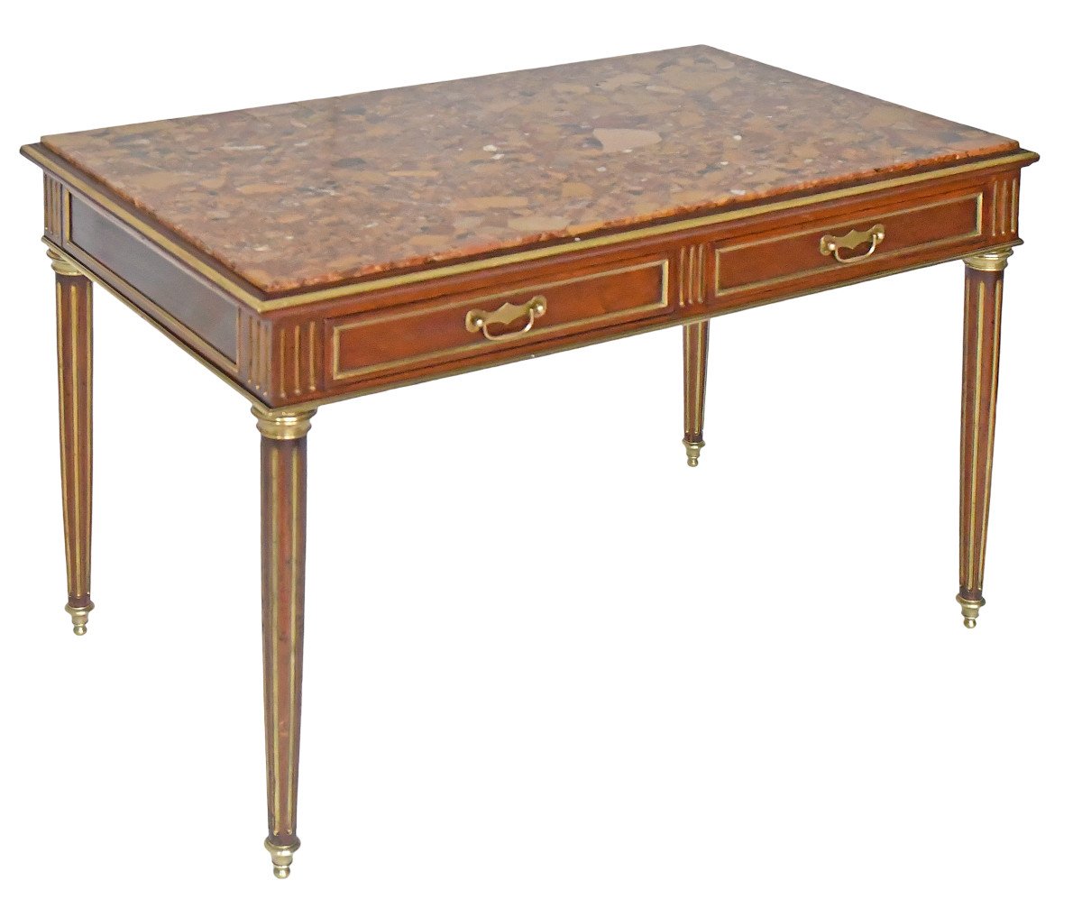 Table bureau de style Louis XVI en acajou massif et placage d'acajou à plateau de marbre-photo-4