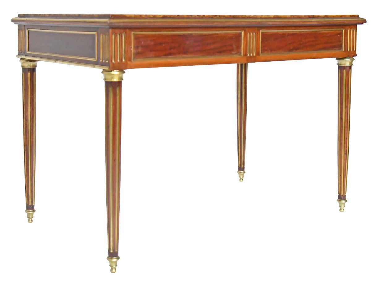 Table bureau de style Louis XVI en acajou massif et placage d'acajou à plateau de marbre-photo-4