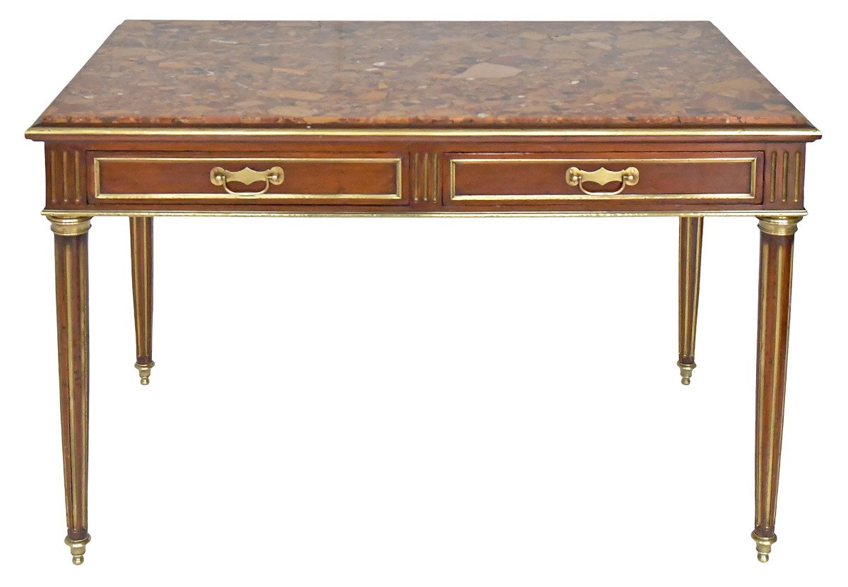 Table bureau de style Louis XVI en acajou massif et placage d'acajou à plateau de marbre