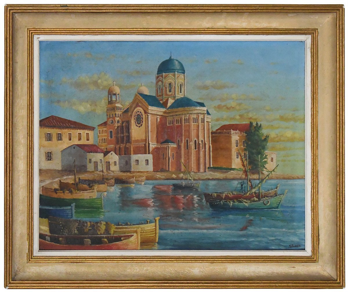 G. Eckert Oil On Canvas “basilica Of Our Lady Of Victory Of Saint-raphaël And The Boats