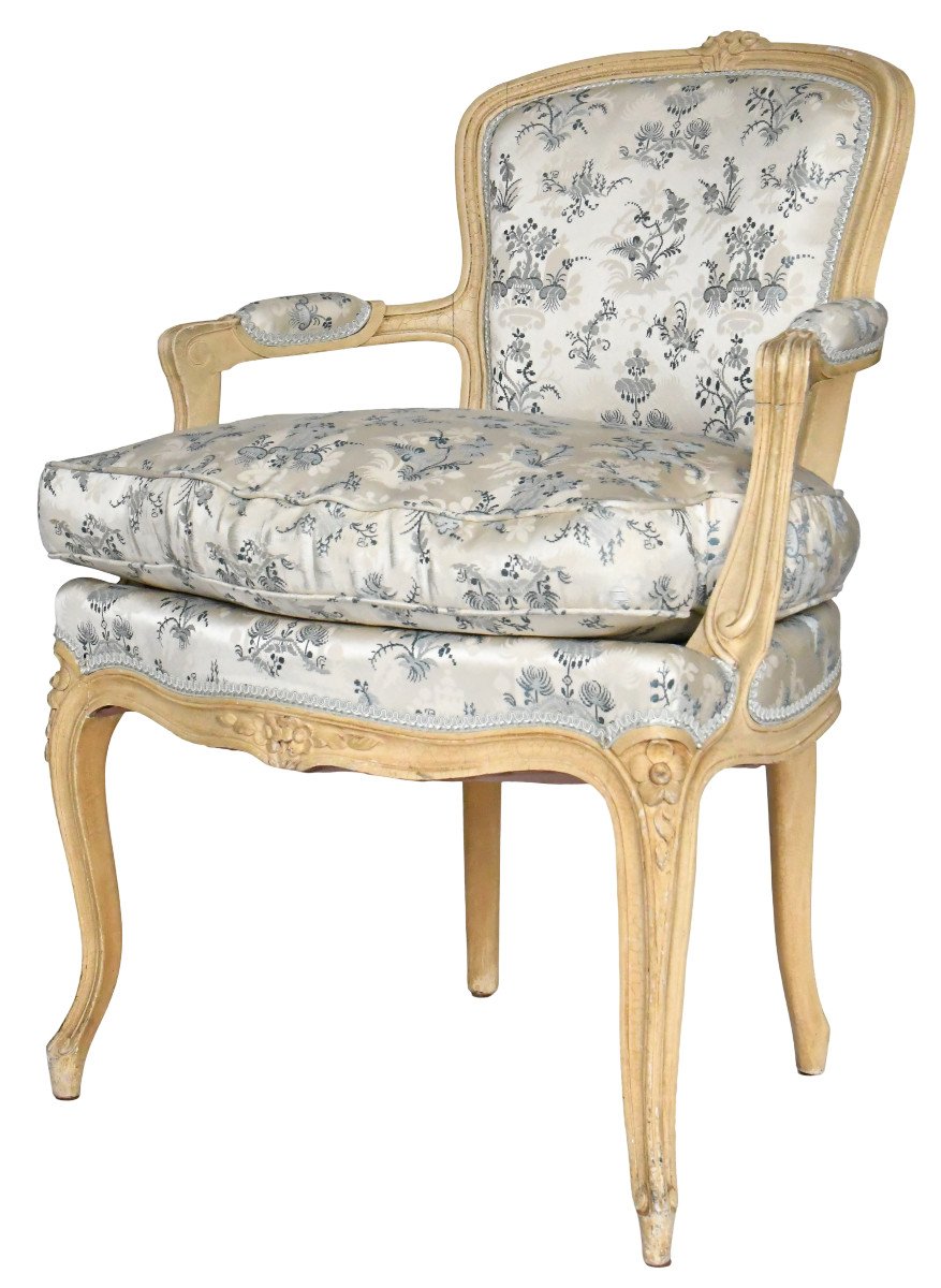 Set Of 4 Louis XV Style Cabriolet Armchairs In Cream Lacquered Wood And Silk Upholstery-photo-2