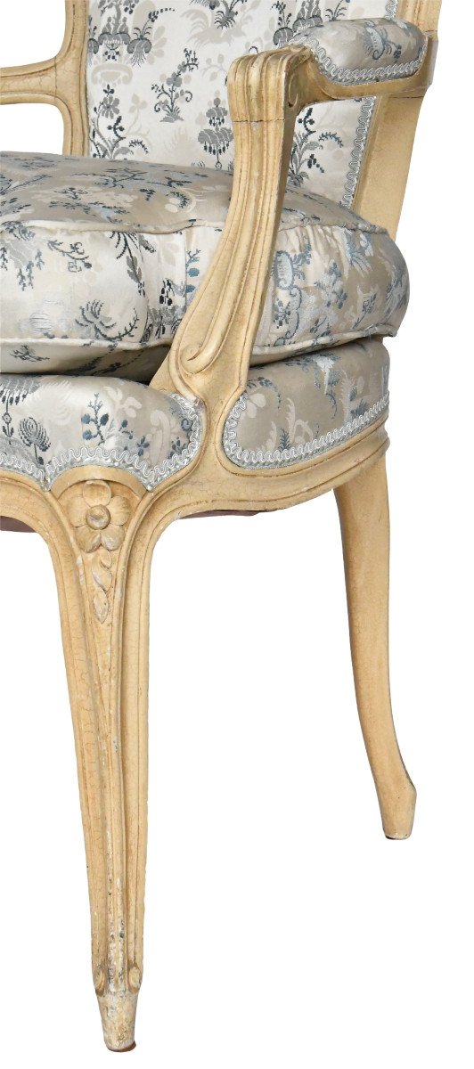 Set Of 4 Louis XV Style Cabriolet Armchairs In Cream Lacquered Wood And Silk Upholstery-photo-3