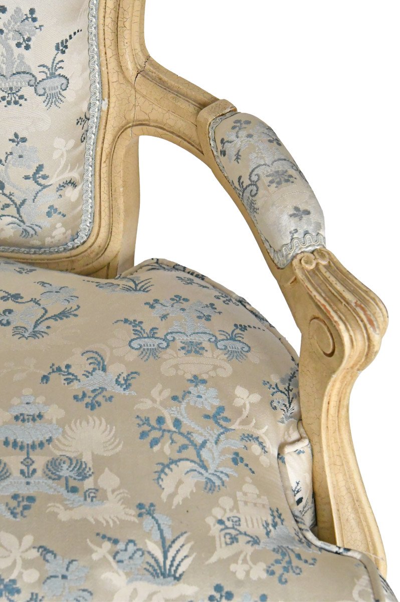 Set Of 4 Louis XV Style Cabriolet Armchairs In Cream Lacquered Wood And Silk Upholstery-photo-3