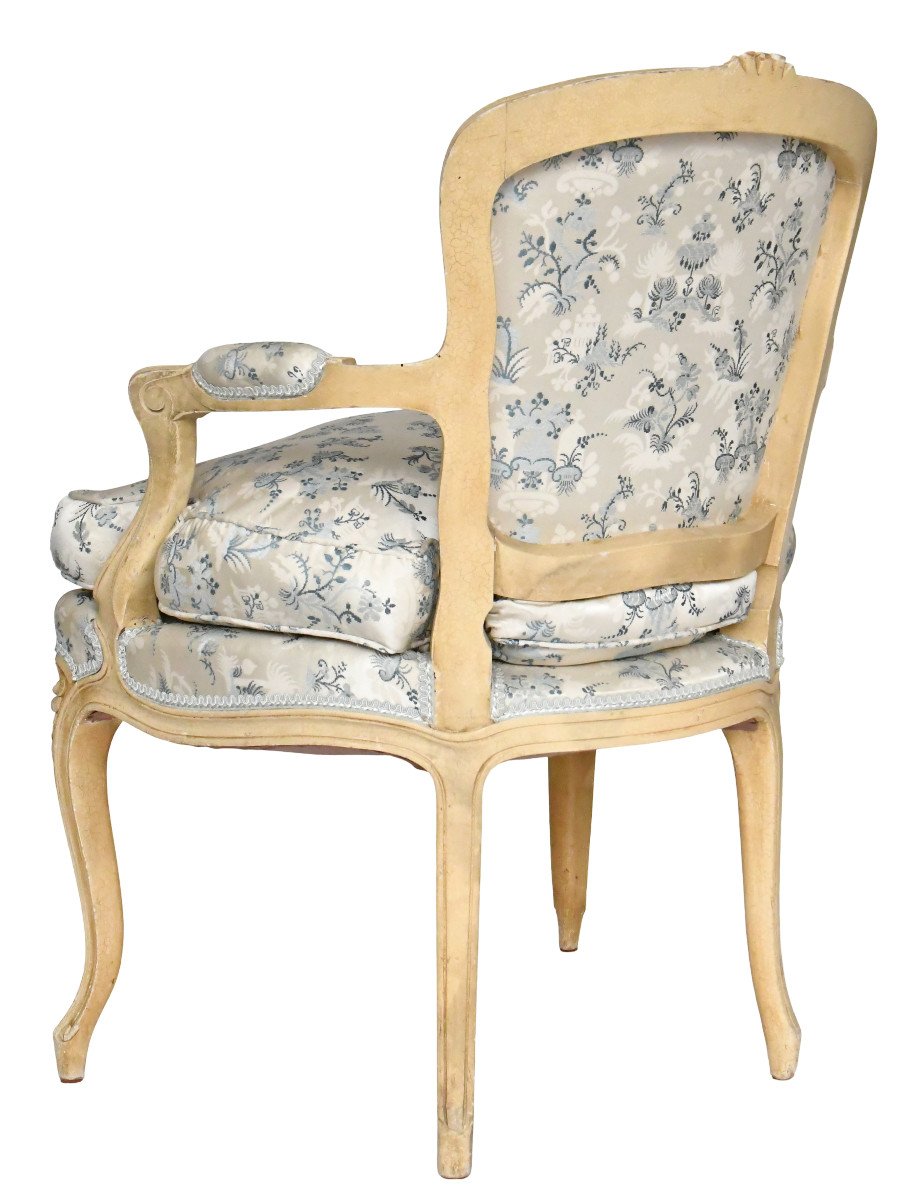 Set Of 4 Louis XV Style Cabriolet Armchairs In Cream Lacquered Wood And Silk Upholstery-photo-5