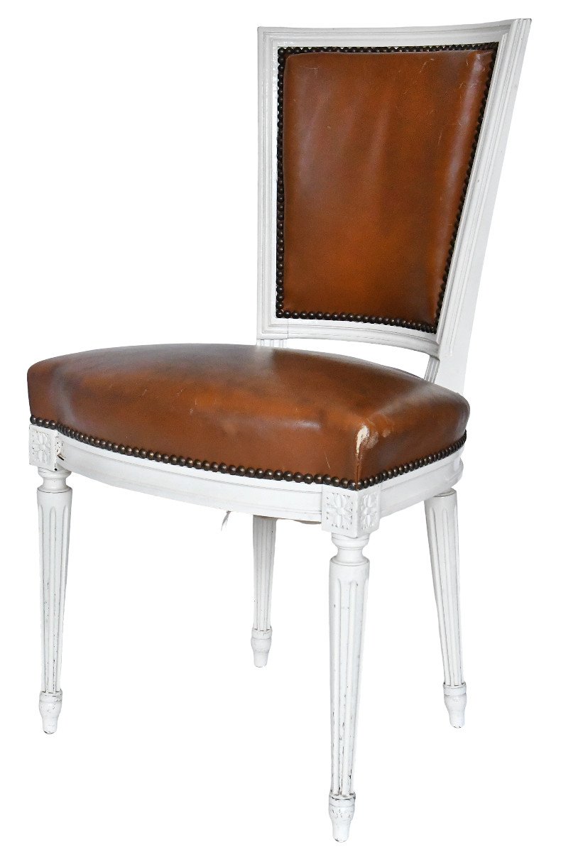 Set Of 8 Louis XVI Style Chairs In White Painted Wood And Brown Leather Upholstery-photo-2