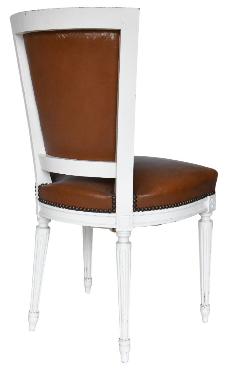 Set Of 8 Louis XVI Style Chairs In White Painted Wood And Brown Leather Upholstery-photo-2