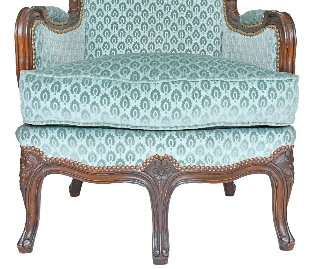 Paire de fauteuils bergères à oreilles de style Louis XV à cinq pieds-photo-2