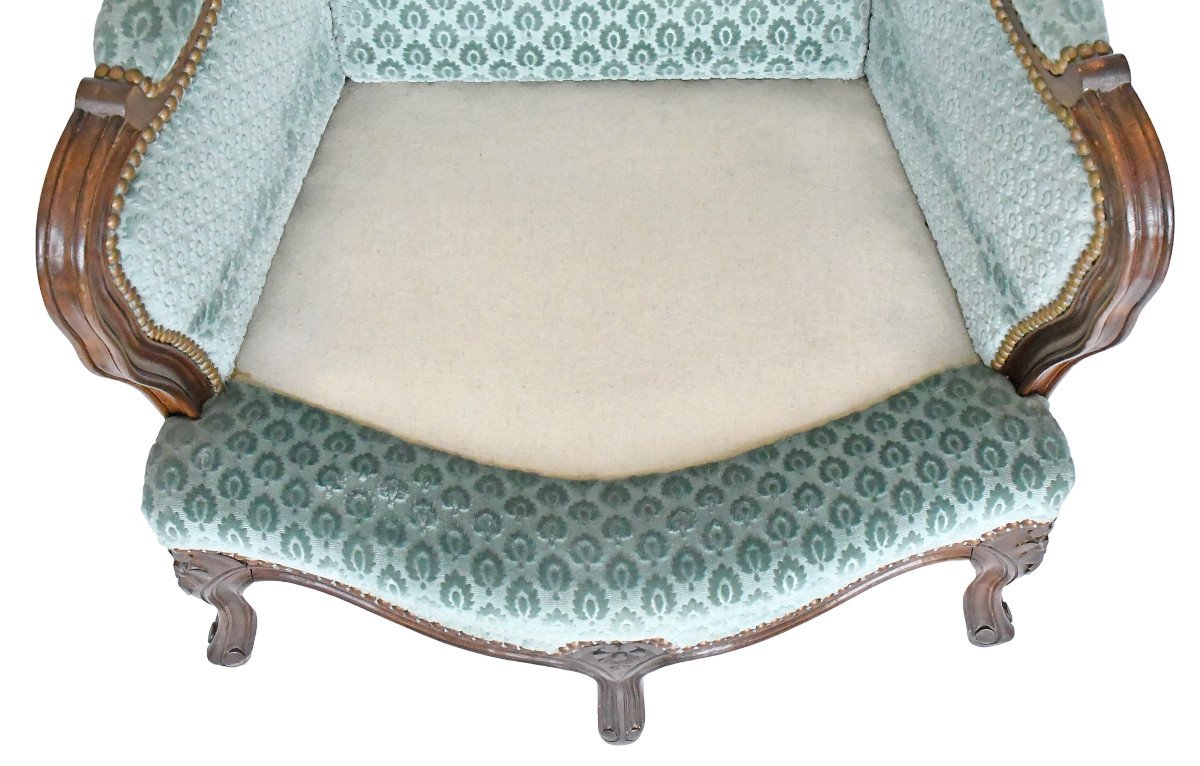 Paire de fauteuils bergères à oreilles de style Louis XV à cinq pieds-photo-3