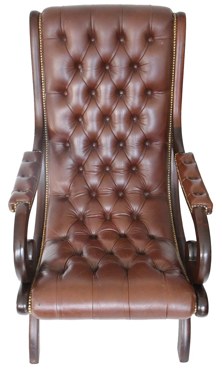 Rocking chair Chesterfield en cuir capitonné marron-photo-2